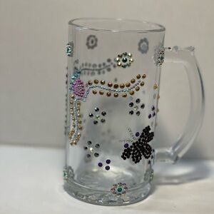 Glass Mug with bling rhinestone Mexican pottery design Handcrafted New